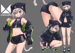  :o absurdres ass beanie bent_over black_jacket black_shorts bob_cut breasts cat_day cat_girl cat_tail choker contrapposto dolphin_shorts fang green_eyes grey_background grey_hair hat highres hood hood_up hooded_jacket ivan_wang jacket looking_at_viewer navel off_shoulder original shoes short_shorts shorts simple_background small_breasts sneakers sports_bra squatting stomach tail 