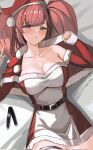  atlanta_(kancolle) bed_sheet belt black_belt breasts brown_hair capelet cleavage collarbone dawn_1945 detached_sleeves dress fur-trimmed_capelet fur-trimmed_headwear fur-trimmed_sleeves fur_trim grey_eyes hat highres kantai_collection large_breasts long_hair looking_at_viewer lying official_alternate_costume on_back parted_lips red_capelet red_dress red_headwear santa_dress santa_hat sleeves_past_wrists twitter_username two-tone_dress two_side_up white_dress 