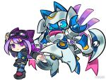  2girls armor artist_name bandana_around_arm blue_eyes chibi crescent cropped_jacket dianamon digimon_story:_sunburst_and_moonlight digivice goggles goggles_on_head helmet highres holding holding_weapon long_hair multiple_girls purple_hair sayo_(digimon) scythe sinobali skirt weapon 