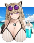  1girl absurdres animal_ears arknights bikini blonde_hair blue_sky braid breasts cleavage cloud commentary_request cup day drinking_glass drinking_straw highres holding holding_cup huge_breasts jewelry long_hair ocean pendant purple_eyes rain_(rain8649) single_braid sky solo striped striped_bikini swimsuit utage_(arknights) utage_(summer_flowers)_(arknights) vertical-striped_bikini vertical_stripes water 