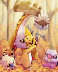  absurdres ampharos animal_focus autumn_leaves closed_eyes commentary eating flaaffy forest highres long_neck mareep nature no_humans pokemon pokemon_(creature) raging_bolt sheep sitting sunlight symbol-only_commentary tail tree yu_(pocketsun636) 