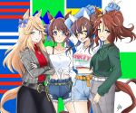  4girls :d animal_ears arms_up belt black_belt black_skirt blonde_hair blue_bow blue_eyes blue_hair bow bra_strap brown_hair clothes_writing commentary_request cowboy_shot crop_top crossed_arms cutoffs daitaku_helios_(umamusume) denim denim_shorts everfree_lovelive fang gold_city_(umamusume) green_shirt grey_jacket grey_pants grin hair_bow horse_ears jacket long_hair long_sleeves looking_at_viewer mejiro_palmer_(umamusume) midriff multicolored_hair multiple_girls navel off-shoulder_shirt off_shoulder open_clothes open_jacket pants plaid plaid_jacket ponytail red_sweater shirt shorts single_bare_shoulder skirt smile standing streaked_hair sweater tail tied_shirt tosen_jordan_(umamusume) turtleneck turtleneck_sweater umamusume very_long_hair white_shirt 