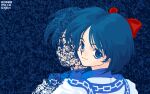  1995 1girl blue_background blue_eyes blue_hair bow close-up dated hair_bow looking_at_viewer non-web_source oyari_ashito red_bow rimururu samurai_spirits short_hair smile solo 