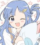  1girl asari_nanami blue_eyes blue_hair blush breasts brown_vest dot_nose fish_hair_ornament hair_ornament hair_rings hand_up holding holding_stuffed_toy idolmaster idolmaster_cinderella_girls idolmaster_cinderella_girls_starlight_stage kahiika long_hair long_sleeves looking_at_viewer neck_ribbon one_eye_closed open_mouth pink_ribbon ribbon shirt small_breasts smile solo starry_background stuffed_animal stuffed_fish stuffed_toy teeth upper_body upper_teeth_only very_long_hair vest white_background white_shirt 