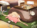  1girl 7-eleven bag blonde_hair book book_stack bottle charger chips_(food) food futaba_anzu idolmaster idolmaster_cinderella_girls indoors kotatsu long_hair messy_room mitsume_(kiiro9) monitor open_mouth plastic_bag potato_chips power_strip sleeping solo stuffed_animal stuffed_rabbit stuffed_toy table tablet_pc twintails very_long_hair water_bottle wooden_floor 