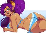  benbeau bikini blue_eyes breasts brown_body brown_skin butt clothing ear_piercing ear_ring female genie hair hi_res humanoid humanoid_pointy_ears long_hair looking_at_viewer not_furry open_mouth open_smile piercing ponytail purple_hair ring_piercing shantae shantae_(series) simple_background smile solo swimwear wayforward 