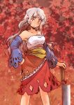  1girl armpits breasts cleavage cleaver detached_sleeves dress grey_hair hand_on_own_hip holding_cleaver leaf long_hair looking_at_viewer maple_leaf rangycrow red_eyes red_ribbon ribbon sakata_nemuno solo standing storn_clothes torn_clothes torn_dress touhou 