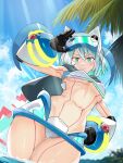  bikini blue_eyes blue_hair blush breasts crotch_plate goggles goggles_on_head ico_(megaman_x_dive) light_blue_hair looking_at_viewer medium_breasts mega_man_(series) mega_man_x_(series) mega_man_x_dive ocean palm_tree popo_(popo0cat) robot_girl swimsuit tagme tree 