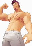  1boy abs bara biceps blue_eyes brown_hair bulge closed_mouth facial_hair fate/grand_order fate_(series) flexing goatee hidora_art highres large_pectorals looking_at_viewer male_focus muscular muscular_male napoleon_bonaparte_(fate) navel nipples pants pectorals scar scar_on_chest short_hair simple_background smile solo topless_male white_background white_pants 