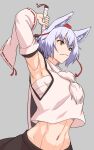  1girl animal_ear_fluff animal_ears bare_shoulders brown_eyes detached_sleeves fang hand_up hat highres holding holding_weapon inubashiri_momiji kakone one-hour_drawing_challenge short_hair solo tokin_hat touhou upper_body weapon white_hair wolf_ears wolf_girl 