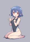  1girl blue_hair breasts hoshino_ushio medium_hair navel open_mouth red_eyes sitting solo starmine_(manga) stroma swimsuit 