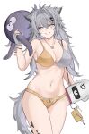  1girl absurdres animal_ears arknights bare_arms bare_shoulders bikini breasts commentary_request cowboy_shot grey_eyes grey_hair grin hair_intakes hair_ornament hairclip highres holding lappland_(arknights) large_breasts long_hair looking_at_viewer navel oripathy_lesion_(arknights) rain_(rain8649) scar scar_across_eye smile solo standing stomach swimsuit tail thighs two-tone_bikini very_long_hair wolf_ears wolf_tail 