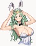 1girl absurdres alternate_costume animal_ears armpits arms_up bare_arms bare_shoulders breasts cleavage commentary_request fake_animal_ears fire_emblem fire_emblem:_three_houses green_eyes green_hair grey_background hairband highres large_breasts leotard long_hair looking_at_viewer mali-sa playboy_bunny rabbit_ears rhea_(fire_emblem) simple_background smile solo strapless strapless_leotard upper_body very_long_hair white_hairband white_leotard 