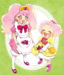  apron bloomers bow commentary_request dress food fruit go!_princess_precure hair_ornament heart_on_cheek holding holding_clothes holding_skirt hoppetoonaka3 kirakira_precure_a_la_mode long_hair mary_janes open_mouth pekorin_(precure) pekorin_(precure)_(human) personification pink_hair pink_skirt precure puff_(go!_princess_precure) puff_(go!_princess_precure)_(human) purple_eyes shoes skirt skirt_basket smile strawberry white_bloomers 
