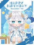  1girl a-pose benghuai_xueyuan blush chibi dress earrings english_text full_body green_eyes happy happy_birthday highres honkai_(series) jewelry kiana_kaslana looking_at_viewer official_art open_mouth solo twintails white_dress white_hair 