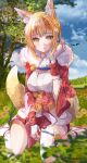  1girl animal_ears blonde_hair blue_tassel blush brown_hair cloud fire_emblem flower fox_ears fox_tail fur-trimmed_kimono fur_trim fuussu_(21-kazin) grass hair_ornament japanese_clothes kimono kitsune kneeling long_sleeves looking_at_viewer multicolored_hair open_mouth selkie_(fire_emblem) short_hair solo streaked_hair tail tree two-tone_hair yellow_eyes 