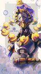  1boy absurdres bubble closed_mouth cyborg highres humanoid_robot looking_at_viewer male_focus megane_(0max_megane0) monk official_alternate_costume omnic overwatch overwatch_2 robot rubber_duck zenyatta_(overwatch) 