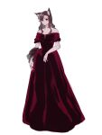  1girl brown_hair closed_mouth dress gown highres imaizumi_kagerou konoha217 long_dress long_hair looking_at_viewer red_dress red_eyes red_nails sketch solo touhou white_background 