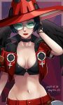 1girl absurdres black_choker black_hair black_wings breasts choker cleavage feathered_wings fingerless_gloves gloves green-tinted_eyewear guilty_gear guilty_gear_strive hat highres i-no large_breasts looking_at_viewer mole mole_above_mouth navel red_headwear red_leather red_lips short_hair sptn_00 sunglasses tinted_eyewear venus_symbol wings witch_hat 