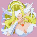 apple bare_shoulders bird blindfold blonde_hair breasts choker cleavage colored_sclera digimon digimon_(creature) dove food fruit head_wings highres large_breasts long_hair no_pupils rae_(hexedwithluck) strapless tagme upper_body venusmon very_long_hair wings yellow_sclera 