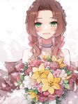  1girl aerith_gainsborough alternate_costume bare_shoulders blush bouquet bow brown_hair commentary dress falling_petals final_fantasy final_fantasy_vii final_fantasy_vii_remake flower green_eyes hair_bow hair_flower hair_ornament halter_dress halterneck highres hiyunagi holding holding_bouquet lily_(flower) long_hair looking_at_viewer open_mouth parted_bangs petals pink_bow pink_flower ponytail sidelocks smile solo upper_body white_flower yellow_flower 