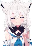  1girl ahoge animal_ear_fluff animal_ears ascot blue_ascot blush braid closed_eyes detached_sleeves duosix_setsu0408 earrings facing_viewer fox_ears fox_girl fox_shadow_puppet hair_between_eyes hair_intakes highres hololive jewelry ribbon_trim shirakami_fubuki shirakami_fubuki_(1st_costume) side_braid sidelocks simple_background single_braid single_earring smile solo virtual_youtuber white_background white_hair 