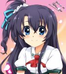  1girl black_hair blue_eyes blush breasts closed_mouth commentary_request dated highres long_hair looking_at_viewer lyrical_nanoha mahou_shoujo_lyrical_nanoha_vivid san-pon side_ponytail signature small_breasts smile solo upper_body vivid_strike! yumina_enclave 