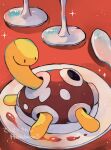  animal_focus artist_name colored_skin commentary_request glass hanabusaoekaki highres no_humans on_plate plate pokemon pokemon_(creature) red_background shell shuckle solid_oval_eyes solo sparkle spoon yellow_skin 