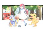  1girl aged_down agumon artist_request blue_eyes coat colorized digimon digimon_(creature) digimon_story:_cyber_sleuth dress forest fur_coat gabumon green_eyes highres horns long_hair nature red_eyes red_hair reptile sharp_teeth shiramine_nokia tagme teeth tree vending_machine white_dress 