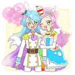  1boy 1girl animal_ears blue_hair blush bow brother_and_sister cape cure_parfait dress embarrassed food food-themed_hair_ornament fruit gloves hair_ornament happy_birthday holding_another&#039;s_arm hoppetoonaka3 jewelry julio_(precure) kirahoshi_ciel kirakira_precure_a_la_mode long_hair magical_boy magical_girl multicolored_eyes one_eye_closed open_mouth orange_(fruit) orange_slice pikario_(precure) pink_hair precure siblings smile tail white_gloves 