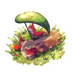  animal_focus caterpillar closed_eyes colored_skin commentary_request flower grass highres holding holding_leaf leaf log no_humans on_grass pokemon pokemon_(creature) red_skin sleeping v-shaped_eyebrows white_background wood wurmple yu_(pocketsun636) 