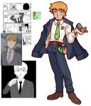  1boy alternate_costume blonde_hair blue_pants brown_footwear cellphone collared_shirt commentary english_commentary flip_phone full_body green_necktie hand_in_pocket highres holding holding_phone jacket jacket_on_shoulders long_sleeves magatama male_focus mob_psycho_100 necktie pants phone redesign reference_inset reigen_arataka shirt shoes short_hair simple_background solo standing websmunks white_background white_shirt 