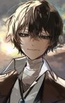  1boy absurdres bandaged_neck bandages black_eyes black_hair brown_jacket bungou_stray_dogs closed_mouth cloud cloudy_sky dazai_osamu_(bungou_stray_dogs) hair_between_eyes highres jacket looking_at_viewer male_focus outdoors portrait shirt short_hair sky smile solo sunlight white_shirt ya_ta 