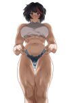 1girl abs alternate_muscle_size ass_visible_through_thighs backlighting bare_legs black_hair blue_eyes blush breasts casual commentary crop_top denim denim_shorts halterneck highres hong_doo impossible_clothes kill_la_kill large_breasts looking_at_viewer matoi_ryuuko micro_shorts midriff multicolored_hair muscular muscular_female revealing_clothes short_hair shorts sleeveless solo streaked_hair sweat symbol-only_commentary symbol-shaped_pupils thick_thighs thigh_gap thighs very_sweaty 