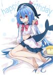  1girl ahoge arm_support bare_legs bell blue_headwear blue_skirt blue_tail blush bow bowtie cake cetacean_tail collared_shirt cropped_shirt eating feet fins fish_tail food food_on_body full_body hair_between_eyes hair_bow hair_ornament hand_up highres holding_spork kakyouin2002 legs long_hair long_sleeves midriff miniskirt navel neck_bell on_ground original pink_bow pink_bowtie plate pleated_skirt red_eyes sailor_collar shirt sitting skirt soles solo spork tail thighs toes very_long_hair yokozuwari 