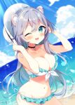  1girl ;d animal_ear_fluff animal_ear_piercing animal_ears aoi_yun aone_ioru aqua_bikini aqua_eyes aqua_hair beach bikini black_choker blurry blurry_background blush breasts choker cleavage collarbone colored_inner_hair commentary_request commission contrapposto cowboy_shot crossed_bangs day frilled_bikini frills glint grey_hair groin hair_between_eyes hamster_ears hamster_girl hands_up hat holding holding_clothes holding_hat indie_virtual_youtuber jewelry long_hair looking_at_viewer medium_breasts multicolored_hair navel one_eye_closed open_mouth outdoors pendant_choker side-tie_bikini_bottom skeb_commission smile solo sparkle standing sunlight swimsuit teeth unworn_hat unworn_headwear upper_teeth_only variant_set virtual_youtuber water white_bikini white_headwear 