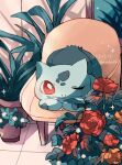  animal_focus artist_name bulbasaur closed_mouth colored_skin commentary_request flower green_skin hanabusaoekaki highres no_humans one_eye_closed plant pokemon pokemon_(creature) potted_plant red_eyes red_flower 