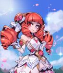  1girl bare_shoulders blunt_bangs breasts closed_mouth cowboy_shot crystal_rose_gwen day detached_sleeves double_bun dress drill_hair flower gwen_(league_of_legends) hair_bun hair_flower hair_ornament heterochromia league_of_legends long_hair official_alternate_costume outdoors petals phantom_ix_row pink_flower red_hair rose small_breasts smile solo white_dress 