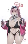  1girl bare_shoulders bikini black_bikini blue_archive blush bottle breasts cleavage collarbone cowboy_shot cup curvy disposable_cup drinking_glass drinking_straw eimi_(blue_archive) eimi_(swimsuit)_(blue_archive) eyewear_on_head goggles goggles_on_head halo highleg highleg_bikini highleg_swimsuit highres holding holding_cup huge_breasts ice jacket long_hair long_sleeves looking_at_viewer mimyo navel off_shoulder official_alternate_costume open_clothes open_jacket open_mouth padded_jacket pink_eyes pink_hair pink_halo pink_jacket ponytail scarf simple_background ski_goggles smile solo string_bikini swimsuit thick_thighs thighs very_long_hair white_background white_scarf wide_hips 