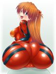  1girl ass blue_eyes blush bodysuit breasts from_behind huge_ass large_breasts long_hair looking_at_viewer looking_back neon_genesis_evangelion open_mouth orange_hair plugsuit red_bodysuit skin_tight solo souryuu_asuka_langley yamagakitaze 