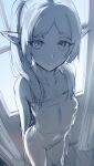  1girl absurdres bare_shoulders bottomless breasts collarbone elf frieren greyscale hews highres long_hair looking_at_viewer monochrome pointy_ears small_breasts solo sousou_no_frieren 