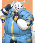  2023 absurd_res anthro belly big_belly black_nose bulge canid canine canis clothed clothing domestic_dog fur hi_res humanoid_hands kemono lifewonders live_a_hero male mammal morningbread16 overweight overweight_male simple_background solo white_body white_fur yohack 
