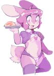  &lt;3 &lt;3_eyes 2023 :3 anthro belly_tuft blush bow_tie bulge clothing countershading digital_drawing_(artwork) digital_media_(artwork) flat_chested fluffy fluffy_tail food fur girly hair heart_(marking) hi_res holding_object lagomorph legwear leporid long_ears looking_at_viewer male mammal nipples open_:3 open_mouth pawberry pink_body pink_fur pink_hair pink_theme rabbit simple_background solo tail thigh_highs tuft uniform white_background 