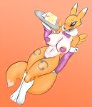  anthro badassbaal bandai_namco black_sclera blush breasts canid canine clothing digimon digimon_(species) female fur hi_res looking_at_viewer mammal nipples renamon simple_background solo white_body white_fur yellow_body yellow_fur 