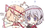  &gt;_&lt; 2girls ? ahoge arm_ribbon black_dress blush_stickers bow breasts chibi commentary company_connection crossover dress facing_away flying_sweatdrops grey_hair hair_ornament hair_ribbon hand_up haruchimo kagari_(rewrite) kamikita_komari key_(company) lightning_ahoge little_busters! long_ribbon long_sleeves looking_at_another medium_breasts motion_lines multiple_girls panicking puffy_short_sleeves puffy_sleeves purple_eyes red_bow red_ribbon rewrite ribbon short_hair short_sleeves simple_background star_(symbol) star_hair_ornament sweater trait_connection twitter_username upper_body waving_arms white_background yellow_sweater 
