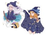  2girls alternate_costume annette_fantine_dominic blue_dress blue_gloves blue_ribbon book braid broom broom_riding cowboy_shot dress eiriseth elbow_gloves english_commentary fire_emblem fire_emblem:_three_houses frilled_dress frills gloves green_hair hair_behind_ear halloween halloween_costume hat highres holding holding_book long_hair looking_to_the_side lysithea_von_ordelia moon_(symbol) multiple_girls orange_hair pantyhose pink_eyes ribbon simple_background sleeveless sleeveless_dress white_background white_hair white_pantyhose 