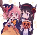  2girls akemi_homura animal black_hair blue_dress blush bow broom choker collarbone collared_dress demon_horns dress frilled_gloves frills gloves hair_between_eyes hair_ribbon hat highres holding holding_animal holding_broom hood hood_down hoodie horns igashira_ganka jack-o&#039;-lantern jewelry kaname_madoka kyubey long_hair looking_at_another looking_at_viewer mahou_shoujo_madoka_magica multiple_girls open_mouth orange_dress pink_eyes pink_hair purple_eyes red_choker ribbon ring short_hair short_twintails simple_background smile starry_background twintails witch witch_hat 