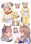  &gt;_&lt; 2girls absurdres alternate_costume animal_ears animal_hood blue_eyes blush blush_stickers bow closed_eyes closed_mouth commentary_request ear_bow ear_ornament eating food food_on_face gold_ship_(umamusume) grass_wonder_(umamusume) grey_hair highres holding holding_spoon hood hoodie horse_ears horse_girl horse_tail ice_cream long_hair long_sleeves mare_ma multicolored_hair multiple_girls multiple_views onesie open_mouth purple_bow purple_eyes purple_shirt shirt smile spoon streaked_hair tail umamusume white_hair yellow_hoodie 