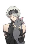  1boy absurdres alternate_costume animal bags_under_eyes bare_shoulders black_gloves black_tank_top cat chinese_commentary commentary cowlick elbow_gloves fingerless_gloves gloves grey_cat grey_hair hair_over_one_eye highres holding holding_animal holding_cat looking_at_viewer male_focus maploon mask mask_on_head mole mole_under_mouth one_eye_covered punishing:_gray_raven seams simple_background skin_tight sleep_mask solo straight-on tank_top unkempt upper_body wanshi_(punishing:_gray_raven) white_background yellow_eyes 