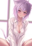  1girl ahoge animal_ear_fluff animal_ears blush breasts cat_ears cat_girl cat_tail cleavage he7ixmumqq8rbc9 highres hololive large_breasts looking_at_viewer medium_hair naked_shirt nekomata_okayu nekomata_okayu_(4th_costume) official_alternate_costume purple_eyes purple_hair shirt smile solo tail tongue tongue_out virtual_youtuber white_shirt 